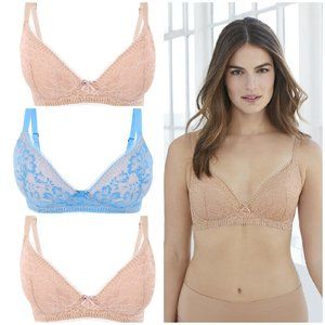 Set of 3! 38A Glamorise PERFECT "A" Lace Bra (PADDED) Mixed 2 Cafe + 1Blue NEW